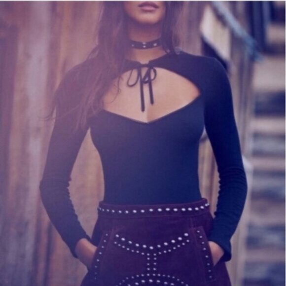 For Love And Lemons Tops - NWT FOR LOVE & LEMONS Josephina Bodysuit Black Tie Front and Long Sleeve L Large